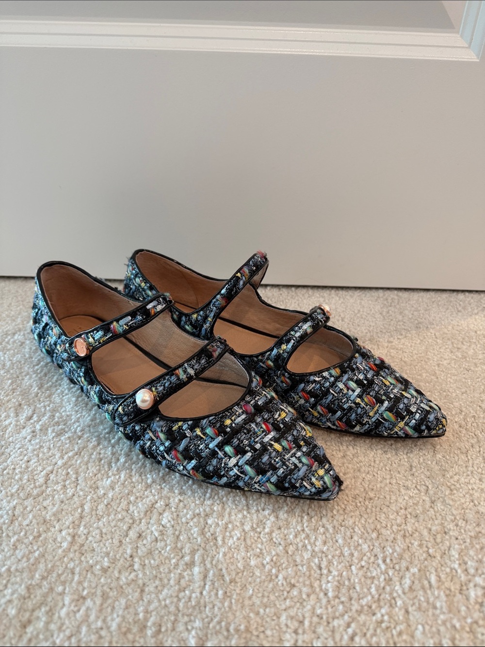Woven Tweed Pointed Mary Jane Flats in Multicolor